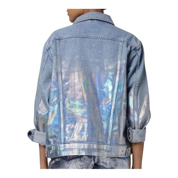Topshop Moto Foil Iridescent Oversized Denim Jacket US 12 - Picture 2 of 14